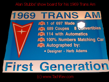 Alan Stubbs' show board for his 1969 Trans Am