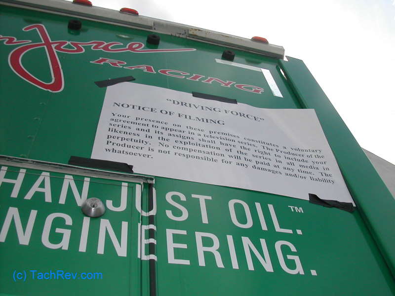 "Driving Force" Notice of Filming on the back of the tractor-trailer rig.