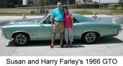 Susan and Harry Farley in front of their 1966 GTO Pontiac driven to the Pontiac show in Dallas