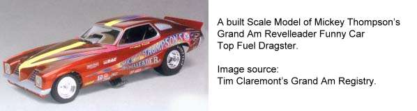 Built Scale Model of Mickey Thompson’s Grand Am Revelleader Funny Car Top Fuel Dragster.  Image source Tim Claremont’s Grand Am Registry.