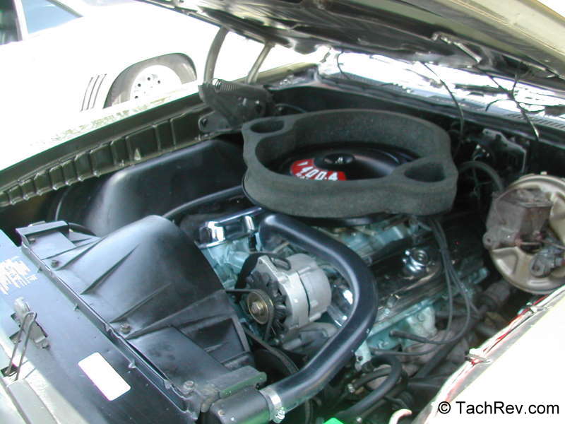 The 1970 Pontiac GTO's engine compartment. 