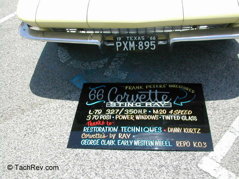 This is another image of the 1966 Corvette 327 4-speed's show board with equipment details. 