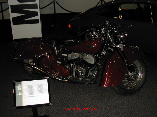 Close-up of another of Steve McQueen's motorcycles - this one a 1942 Indian - on display.