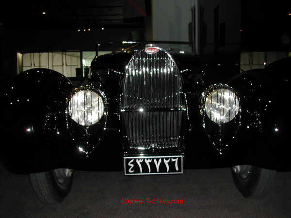 Going-100mph-standing-still Front view of the supercharged 1939 Bugatti.