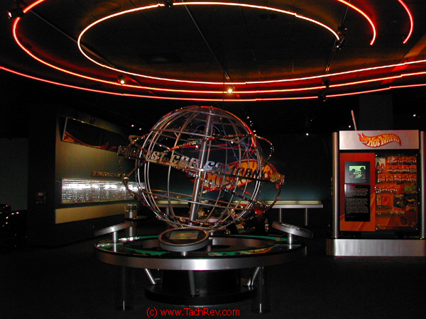 Main entrance to Hot Wheels Display with globe inscribed with - "The World's Coolest Car Company!"