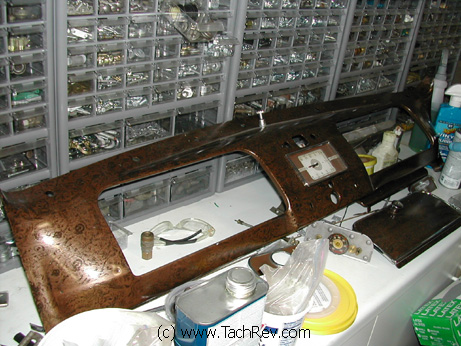 Hand restored dash with "burl wood treatment" simulated on all of the interior trim on the 1937 Pontiac by Glen.