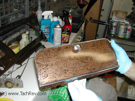 Hand restored dash and glove box door with "burl wood treatment" simulated on all of the interior trim on the 1937 Pontiac by Glen.