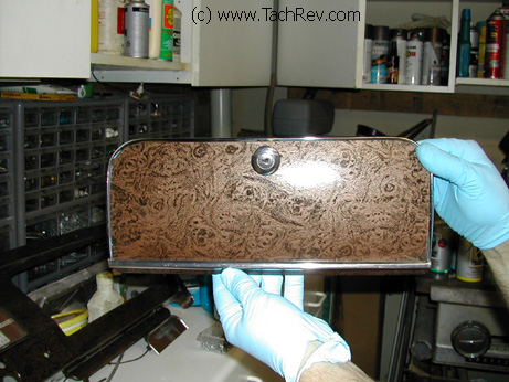 Hand restored  glove box door with "burl wood treatment" simulated on all of the interior trim on the 1937 Pontiac by Glen.