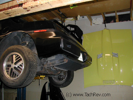 1970 GTO hood with Fireo on the lift